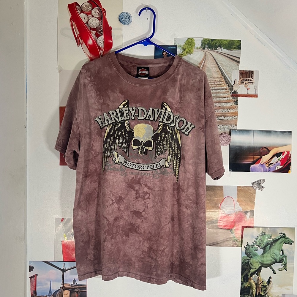 Authentic Vintage Harley Davidson Mauve Pink Skull and Wings Tee Mens T-Shirts